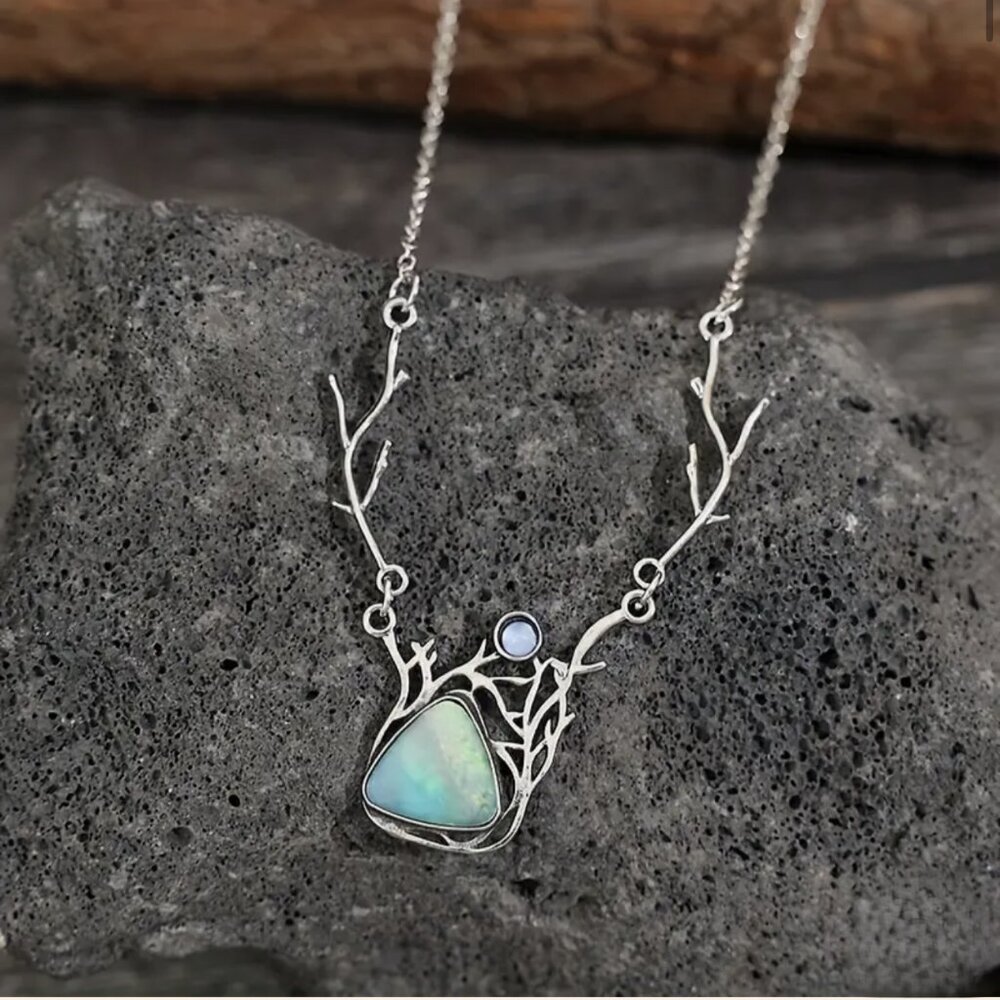 NEW Cerys Art Nouveau Silver Branches and Turquoise Cabochon Delicate Necklace